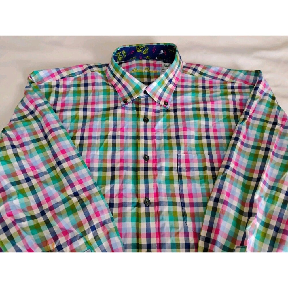 Men's Alan Flusser Plaid Shirt XL Multicolor Flip Cuff Summer Tropical NWT